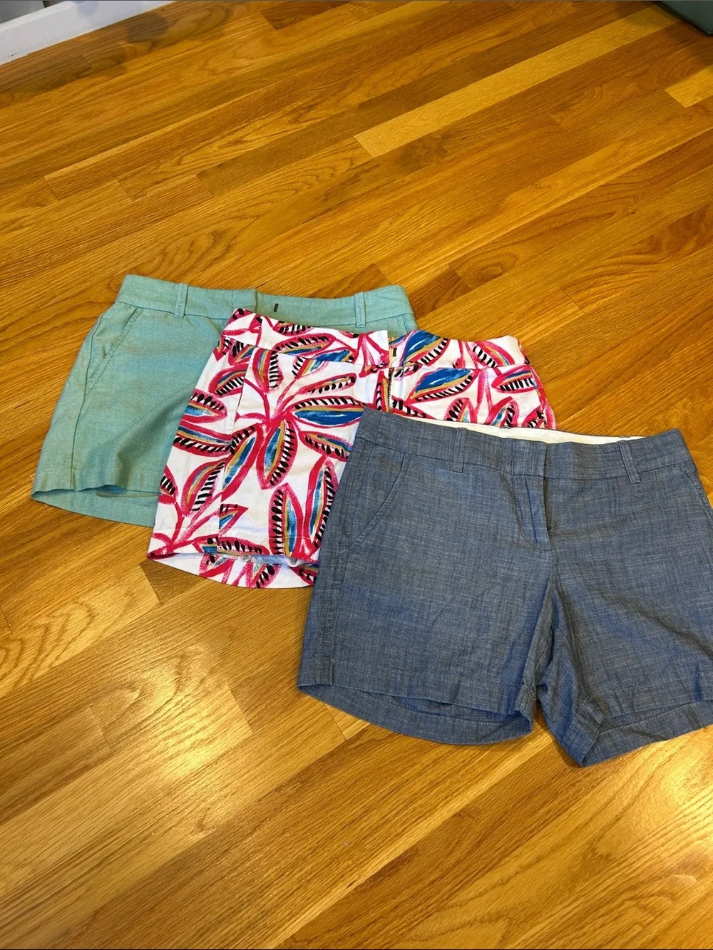 J. Crew Women’s Shorts Trio - Teal, Pink Leaf Print, Chambray Blue